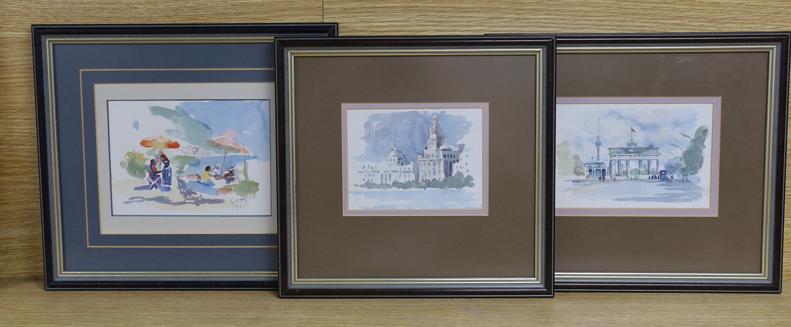 Granville Cayley, three watercolours, Carribbean beach scene, Thames view and View of a memorial, two signed and dated '92/'93, largest 13 x 18cm